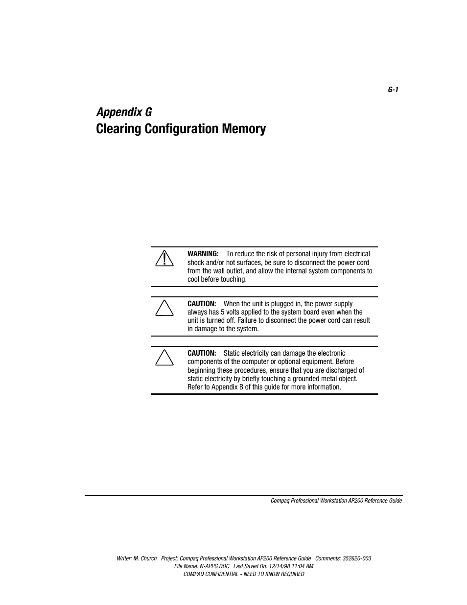 Appendix g: clearing configuration memory, Appendix g, Clearing configuration memory | Compaq Professional Workstation AP200 User Manual | Page 153 / 163