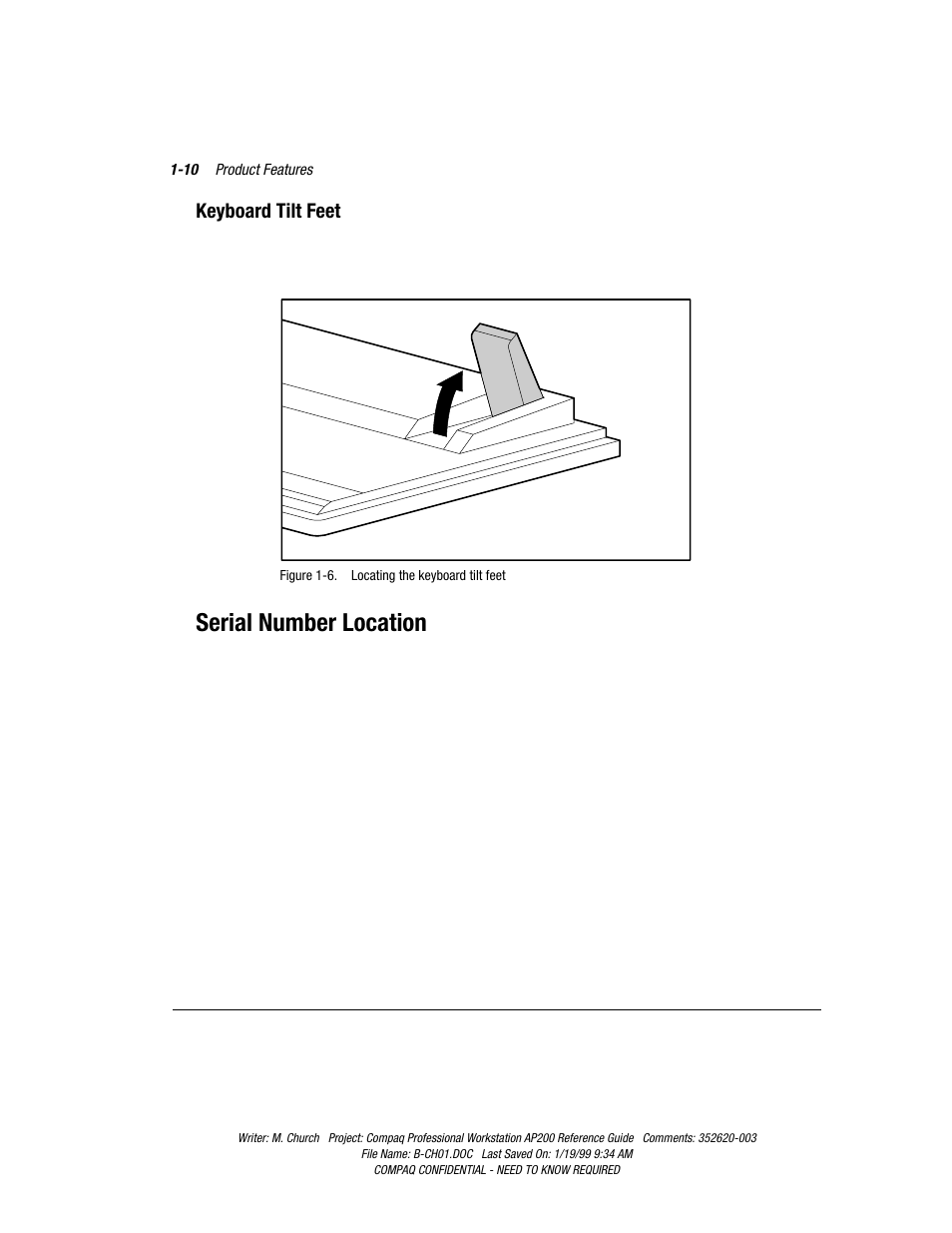 Keyboard tilt feet, Serial number location, Keyboard tilt feet -10 | Serial number location -10 | Compaq Professional Workstation AP200 User Manual | Page 22 / 163