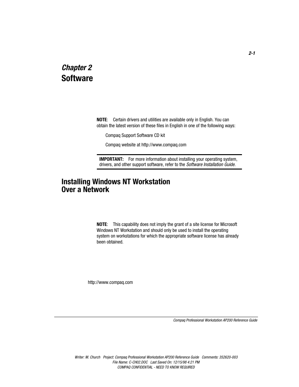 Chapter 2: software, Installing windows nt workstation over a network, Chapter 2 | Software | Compaq Professional Workstation AP200 User Manual | Page 23 / 163