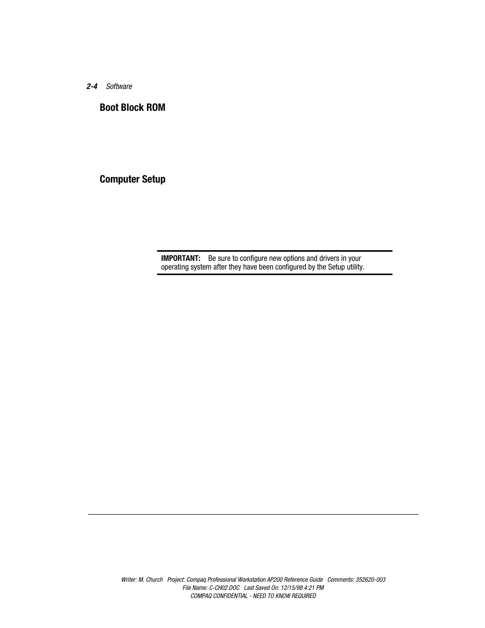 Boot block rom, Computer setup, Boot block rom -4 computer setup -4 | Compaq Professional Workstation AP200 User Manual | Page 26 / 163