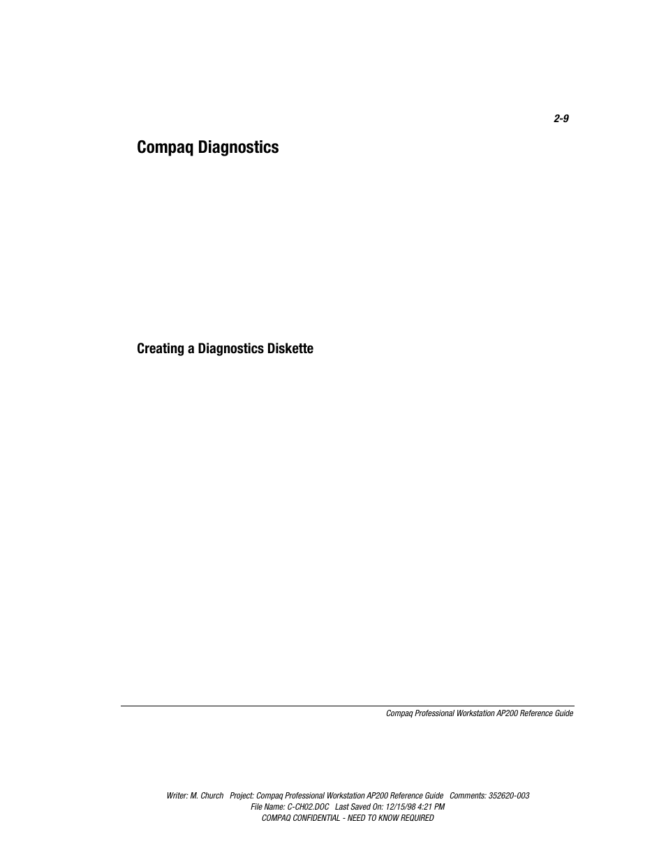 Compaq diagnostics, Creating a diagnostics diskette, Compaq diagnostics -9 | Creating a diagnostics diskette -9 | Compaq Professional Workstation AP200 User Manual | Page 31 / 163