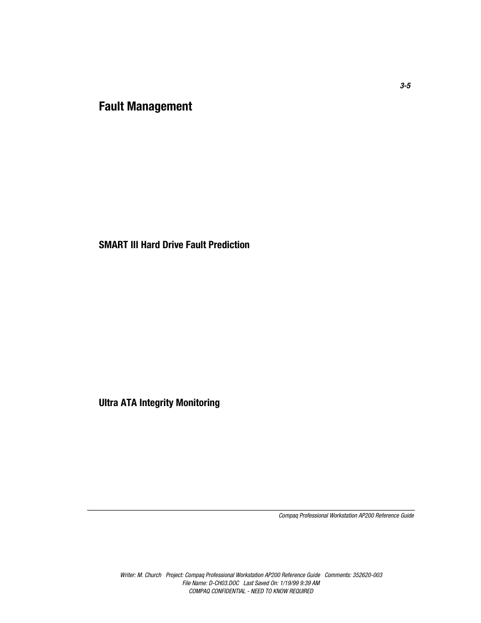 Fault management, Smart iii hard drive fault prediciton, Ultra ata integrity monitoring | Fault management -5, Smart iii hard drive fault prediction | Compaq Professional Workstation AP200 User Manual | Page 40 / 163