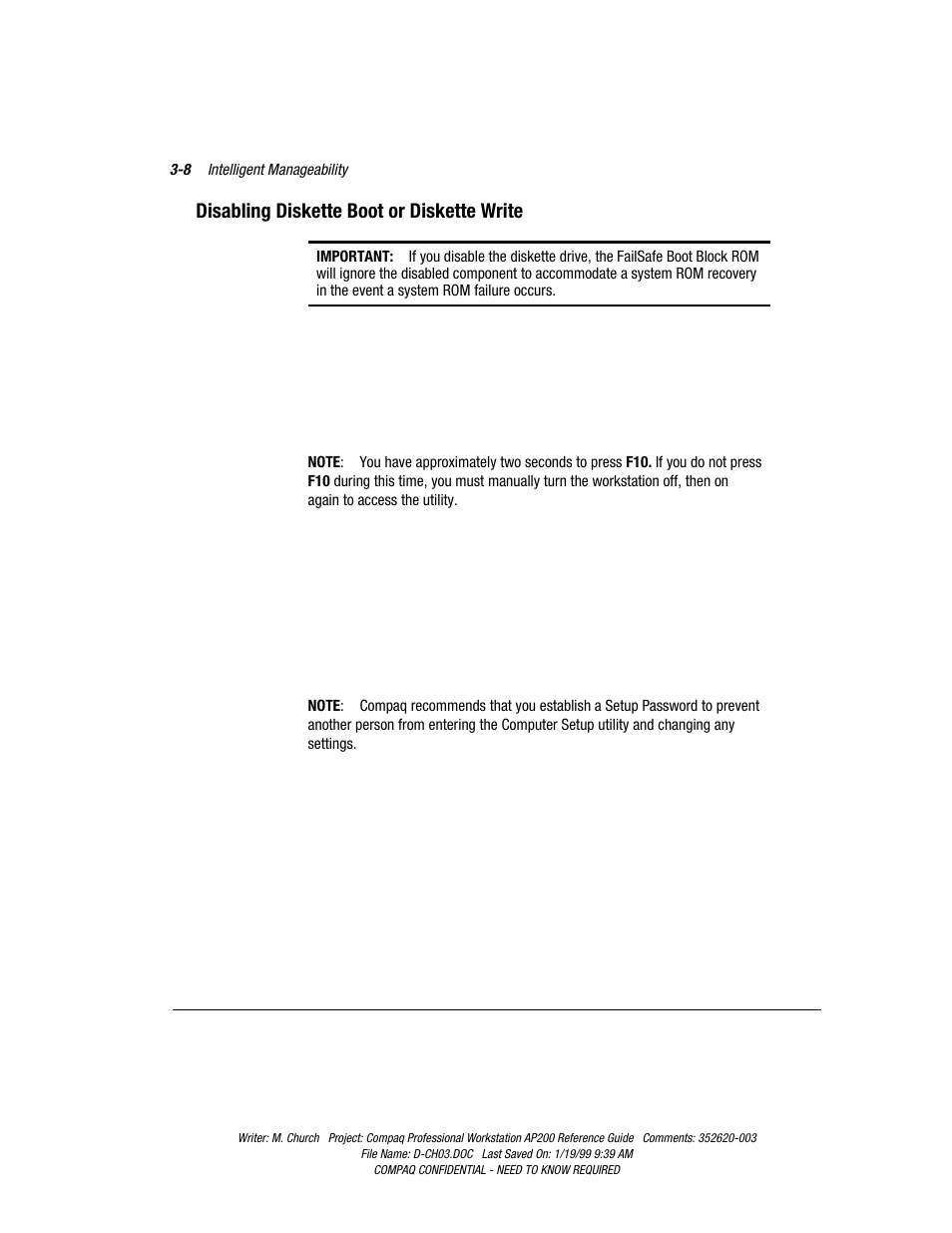 Disabling diskette boot or diskette write, Disabling diskette boot or diskette write -8 | Compaq Professional Workstation AP200 User Manual | Page 43 / 163