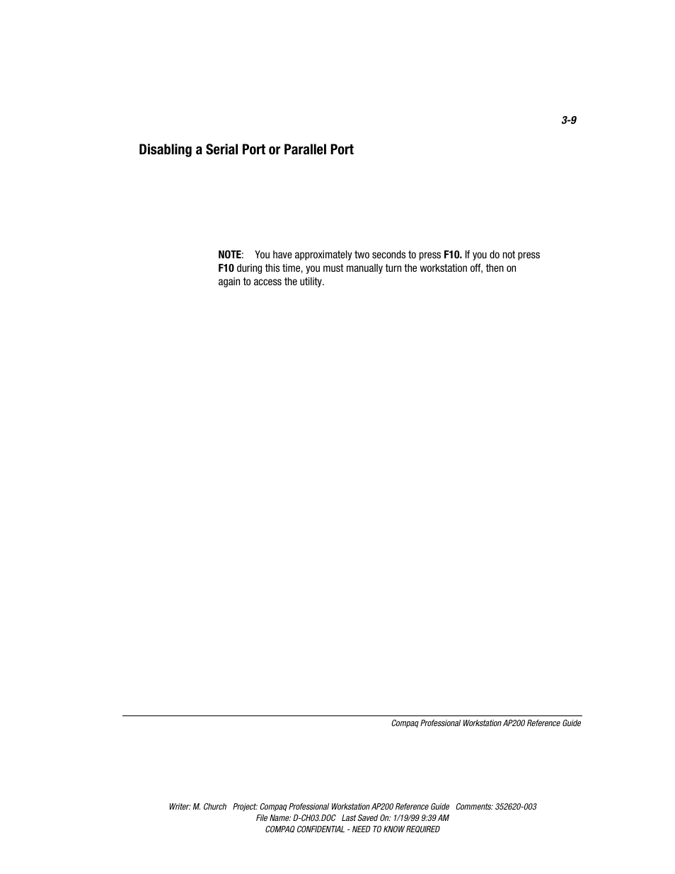 Disabling a serial port or parallel port, Disabling a serial port or parallel port -9 | Compaq Professional Workstation AP200 User Manual | Page 44 / 163