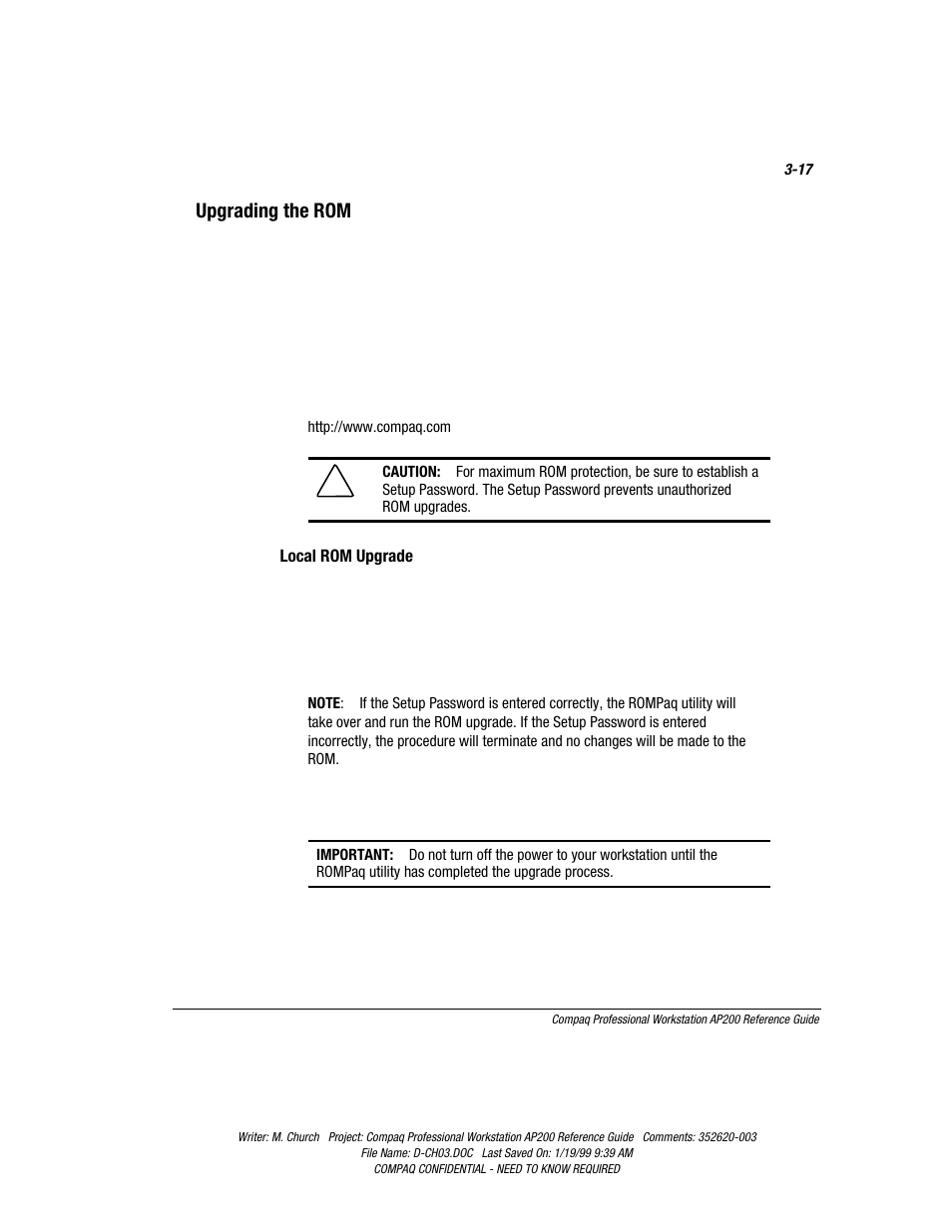 Upgrading the rom, Upgrading the rom -17 | Compaq Professional Workstation AP200 User Manual | Page 52 / 163