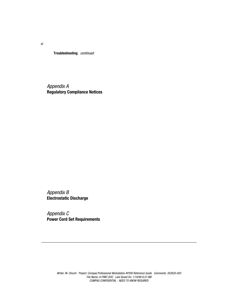 Appendix a, Appendix b, Appendix c | Compaq Professional Workstation AP200 User Manual | Page 6 / 163