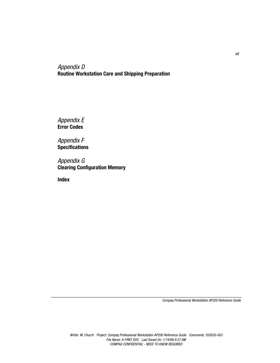 Appendix d, Appendix e, Appendix f | Appendix g | Compaq Professional Workstation AP200 User Manual | Page 7 / 163