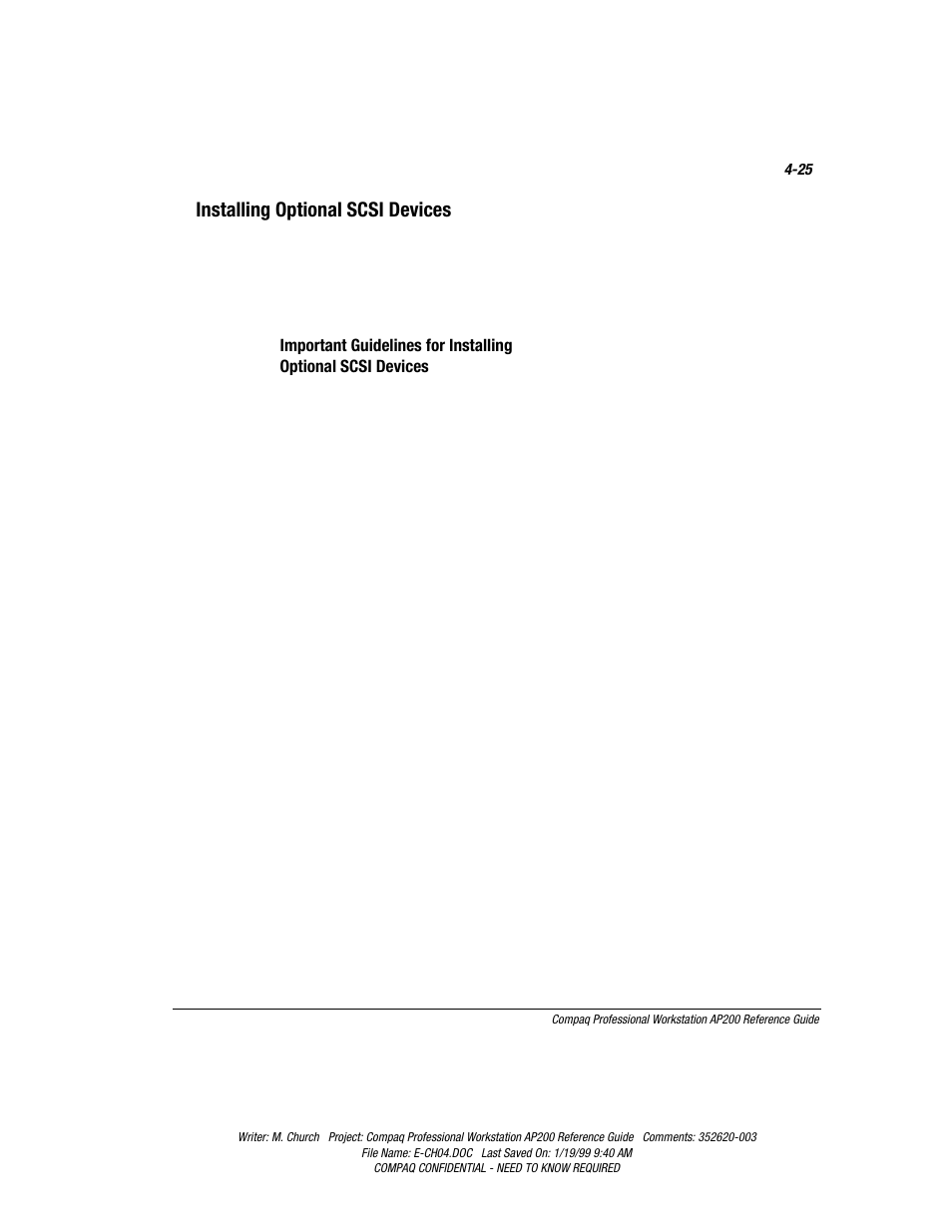 Installing optional scsi devices, Installing optional scsi devices -25 | Compaq Professional Workstation AP200 User Manual | Page 89 / 163