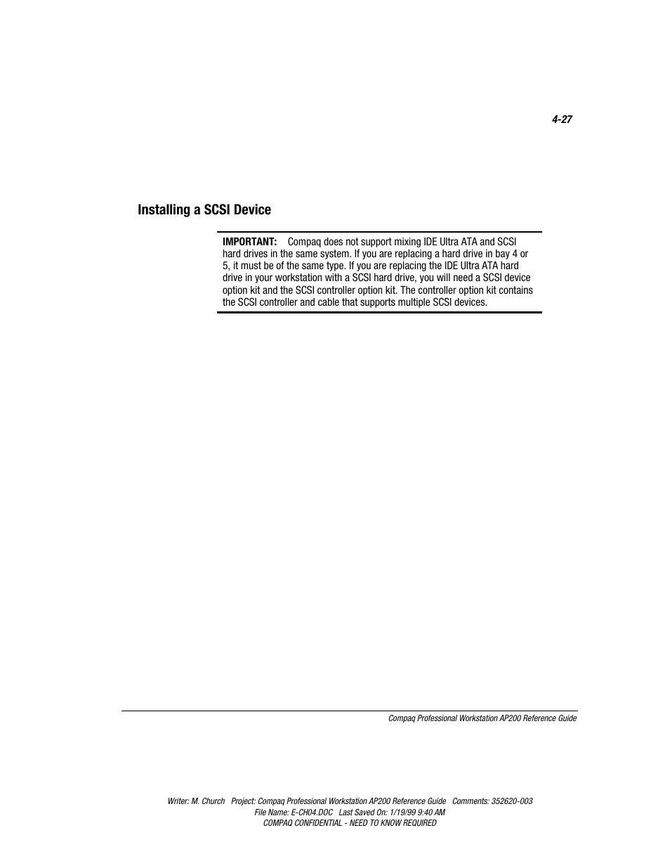 Installing a scsi device, Installing a scsi device -27 | Compaq Professional Workstation AP200 User Manual | Page 91 / 163