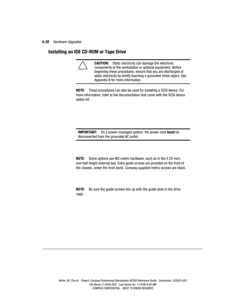 Installing an ide cd-rom or tape drive, Installing an ide cd-rom or tape drive -28 | Compaq Professional Workstation AP200 User Manual | Page 92 / 163