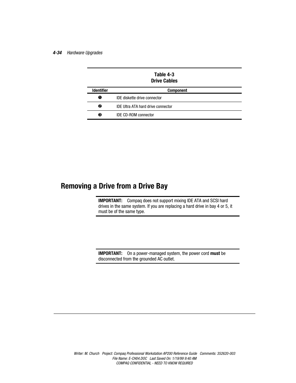 Removing a drive from a drive bay, Removing a drive from a drive bay -34 | Compaq Professional Workstation AP200 User Manual | Page 98 / 163