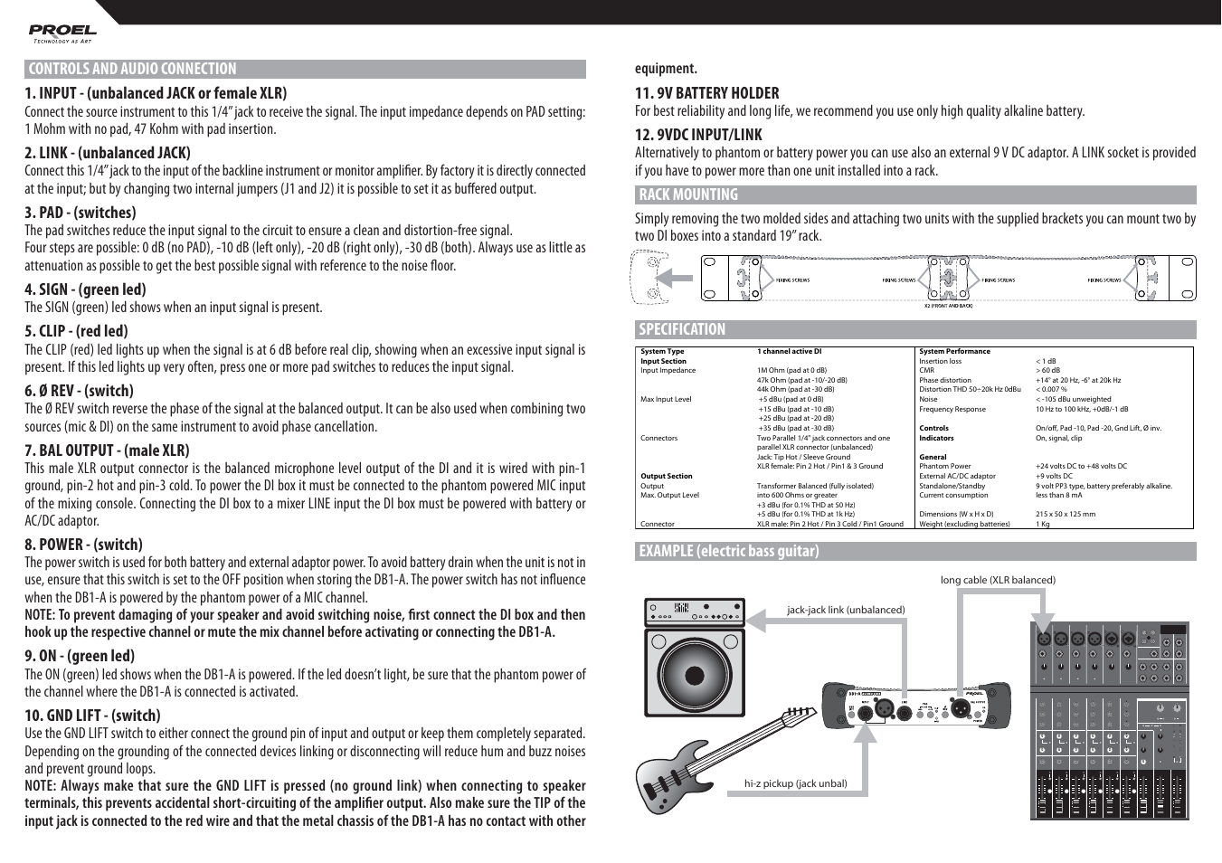 9v battery holder, 9vdc input/link, Rack mounting | Link - (unbalanced jack), Pad - (switches), Sign - (green led), Clip - (red led), Ø rev - (switch), Bal output - (male xlr), Power - (switch) | Proel DB1A User Manual | Page 2 / 2