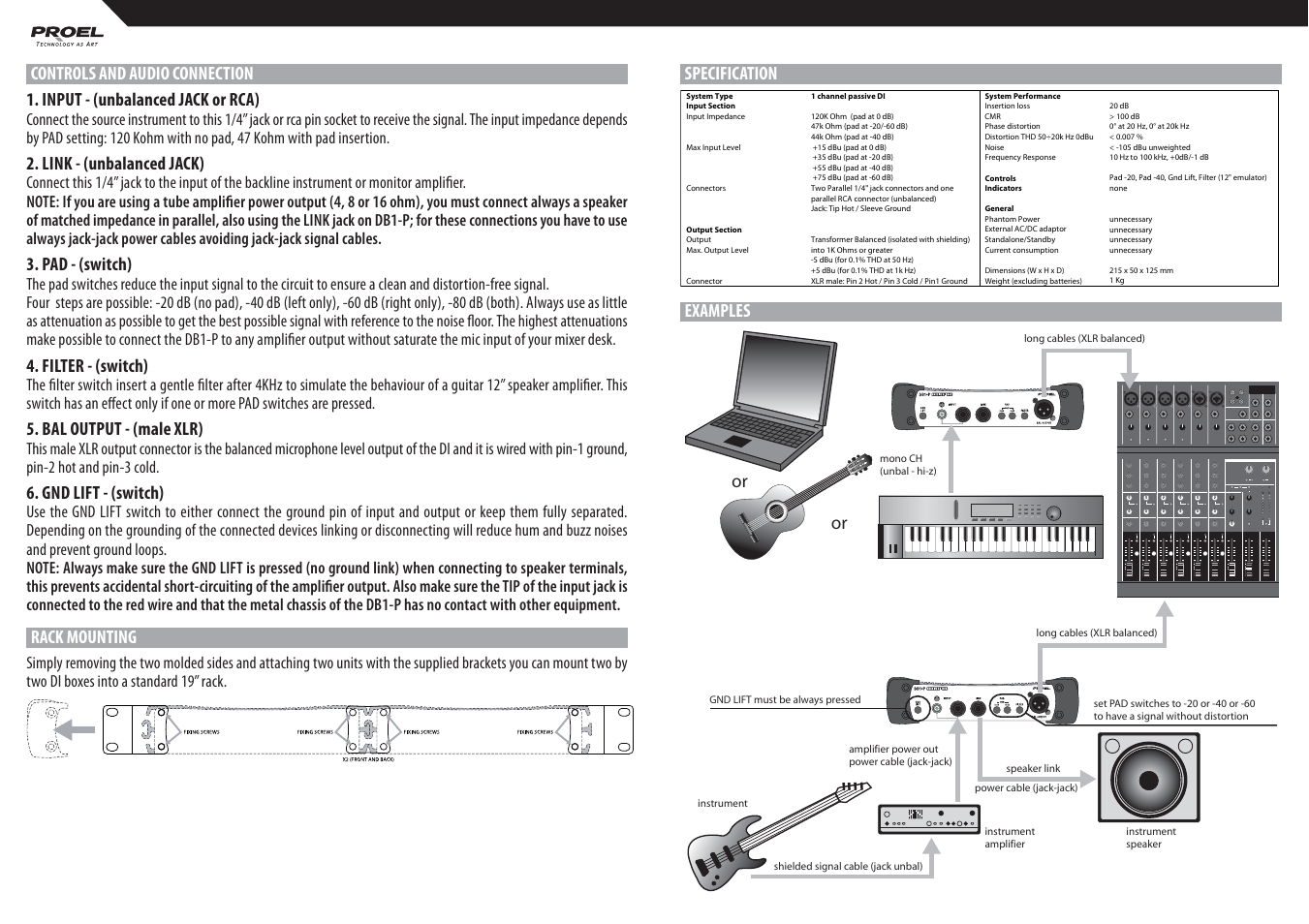 Link - (unbalanced jack), Pad - (switch), Filter - (switch) | Bal output - (male xlr), Gnd lift - (switch), Rack mounting | Proel DB1P User Manual | Page 2 / 2