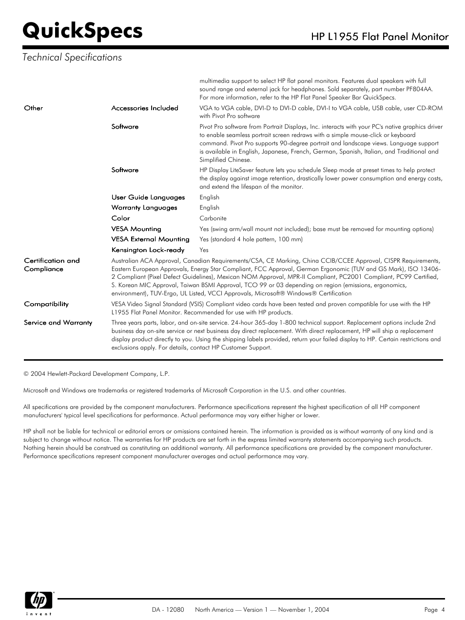 Quickspecs, Hp l1955 flat panel monitor | Compaq HP L1955 User Manual | Page 4 / 4