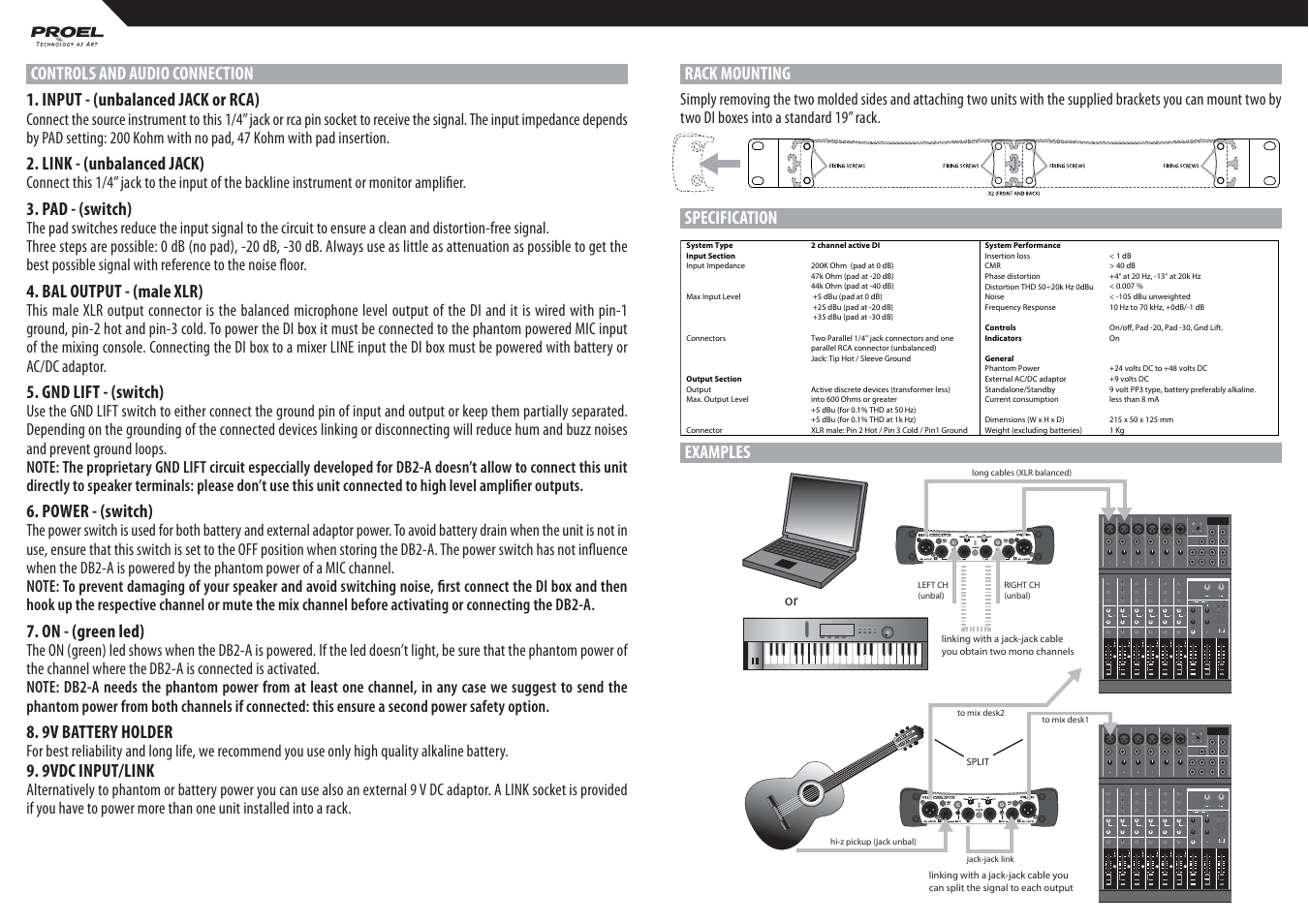 Rack mounting, Link - (unbalanced jack), Pad - (switch) | Bal output - (male xlr), Gnd lift - (switch), Power - (switch), On - (green led), 9v battery holder, 9vdc input/link | Proel DB2A User Manual | Page 2 / 2