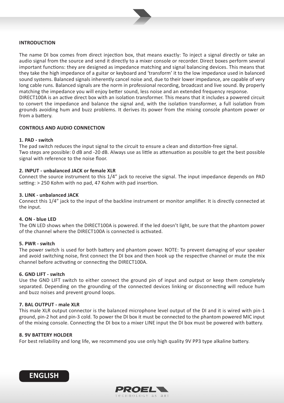 English | Proel DIRECT100A User Manual | Page 2 / 10