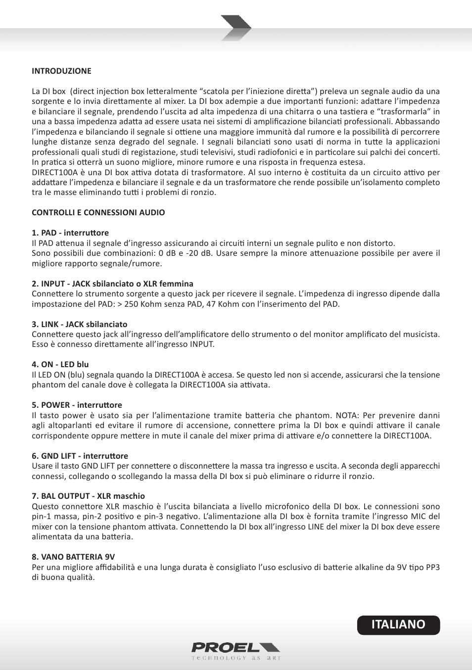 Italiano | Proel DIRECT100A User Manual | Page 3 / 10