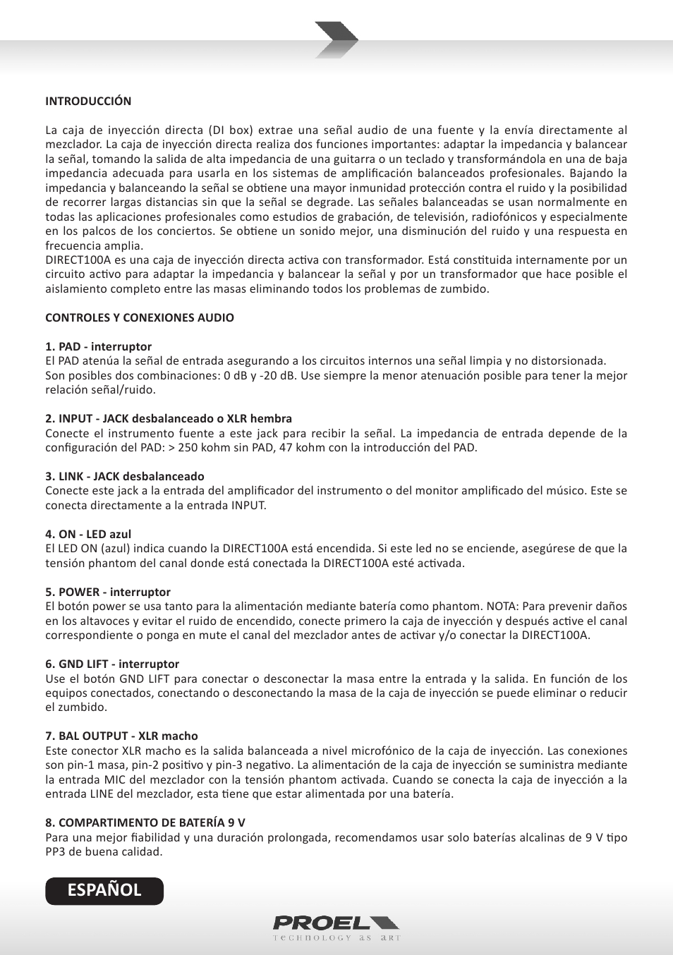 Español | Proel DIRECT100A User Manual | Page 6 / 10