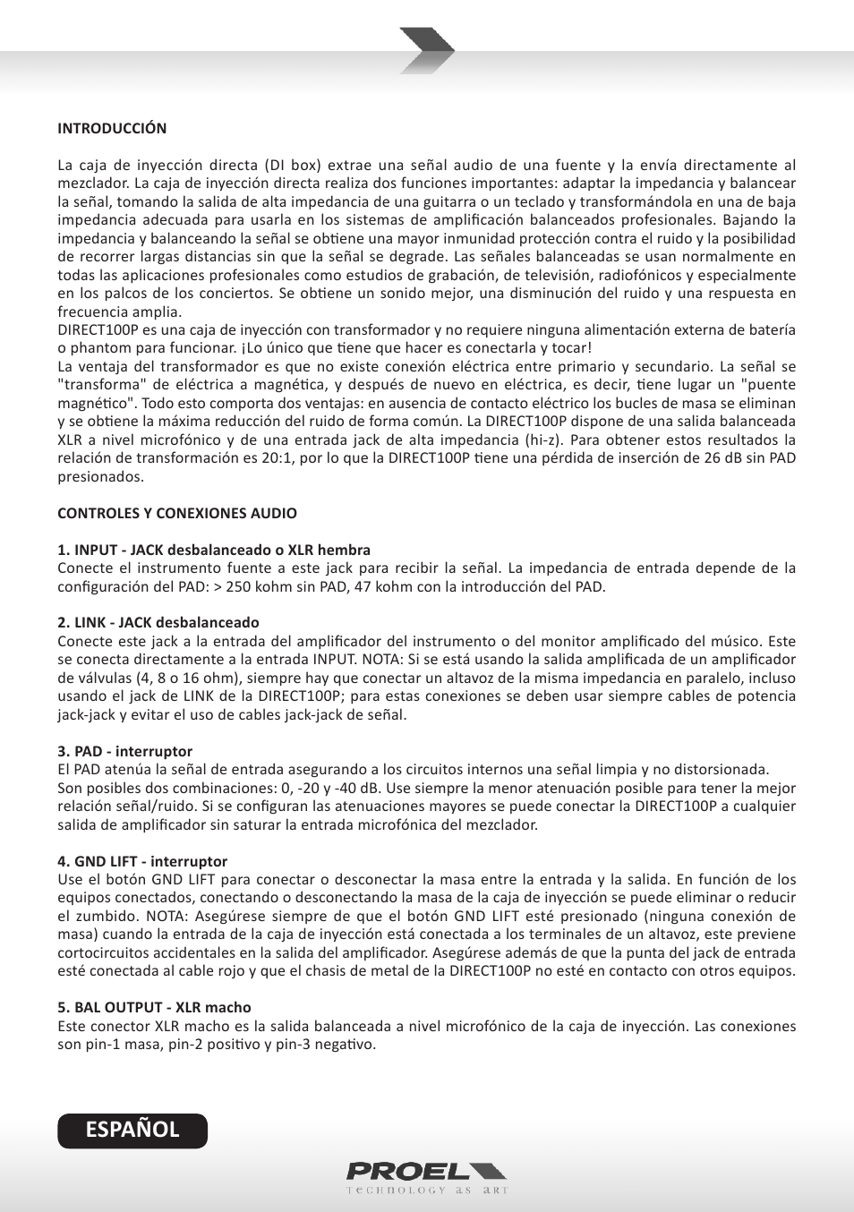 Español | Proel DIRECT100P User Manual | Page 6 / 10