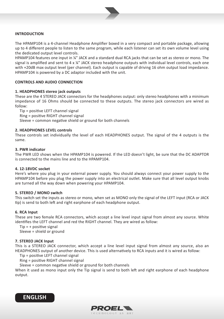 English | Proel HPAMP104 User Manual | Page 2 / 10