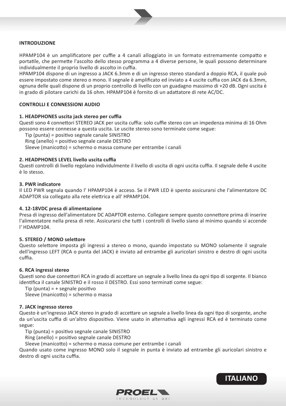 Italiano | Proel HPAMP104 User Manual | Page 3 / 10