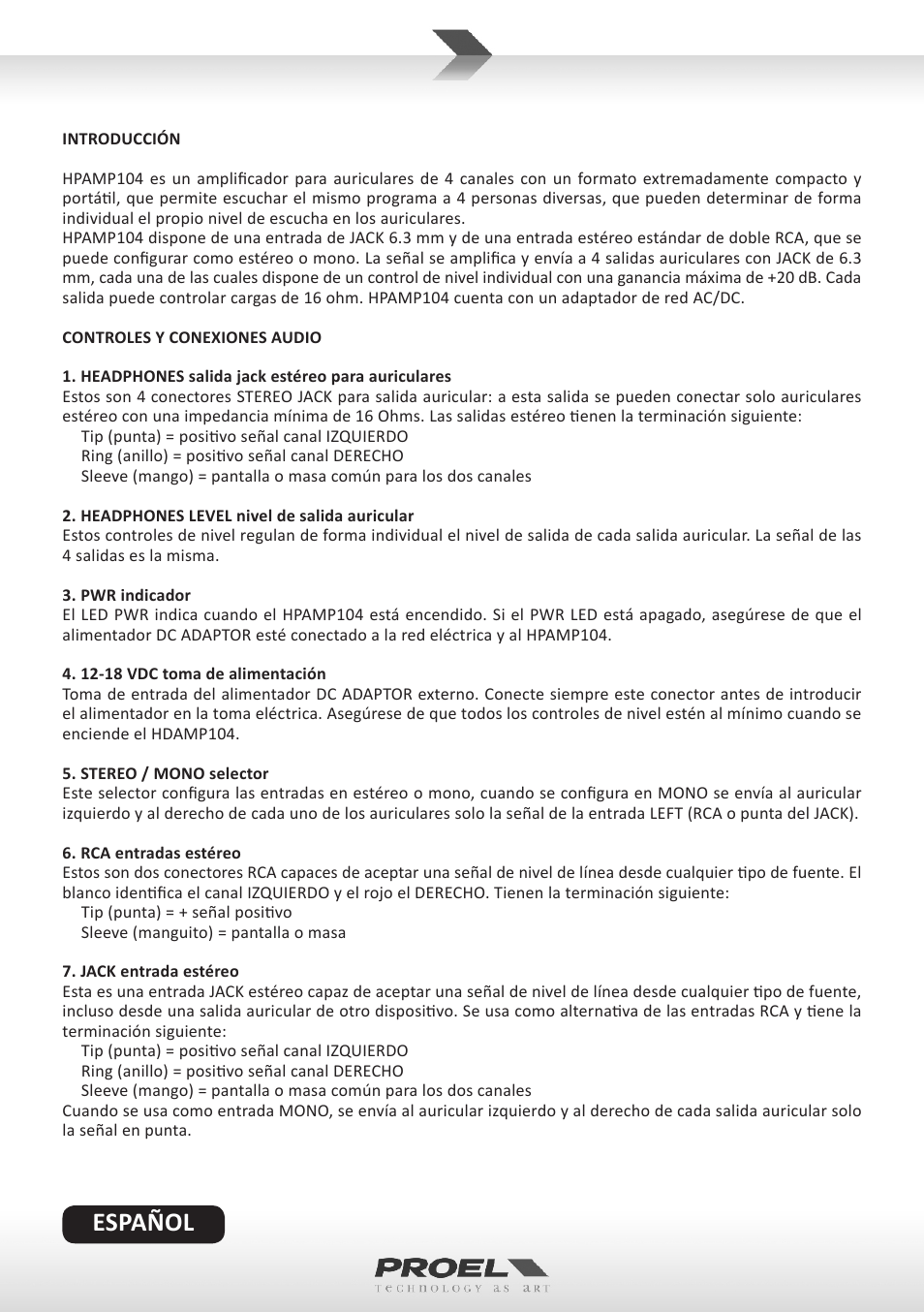 Español | Proel HPAMP104 User Manual | Page 6 / 10