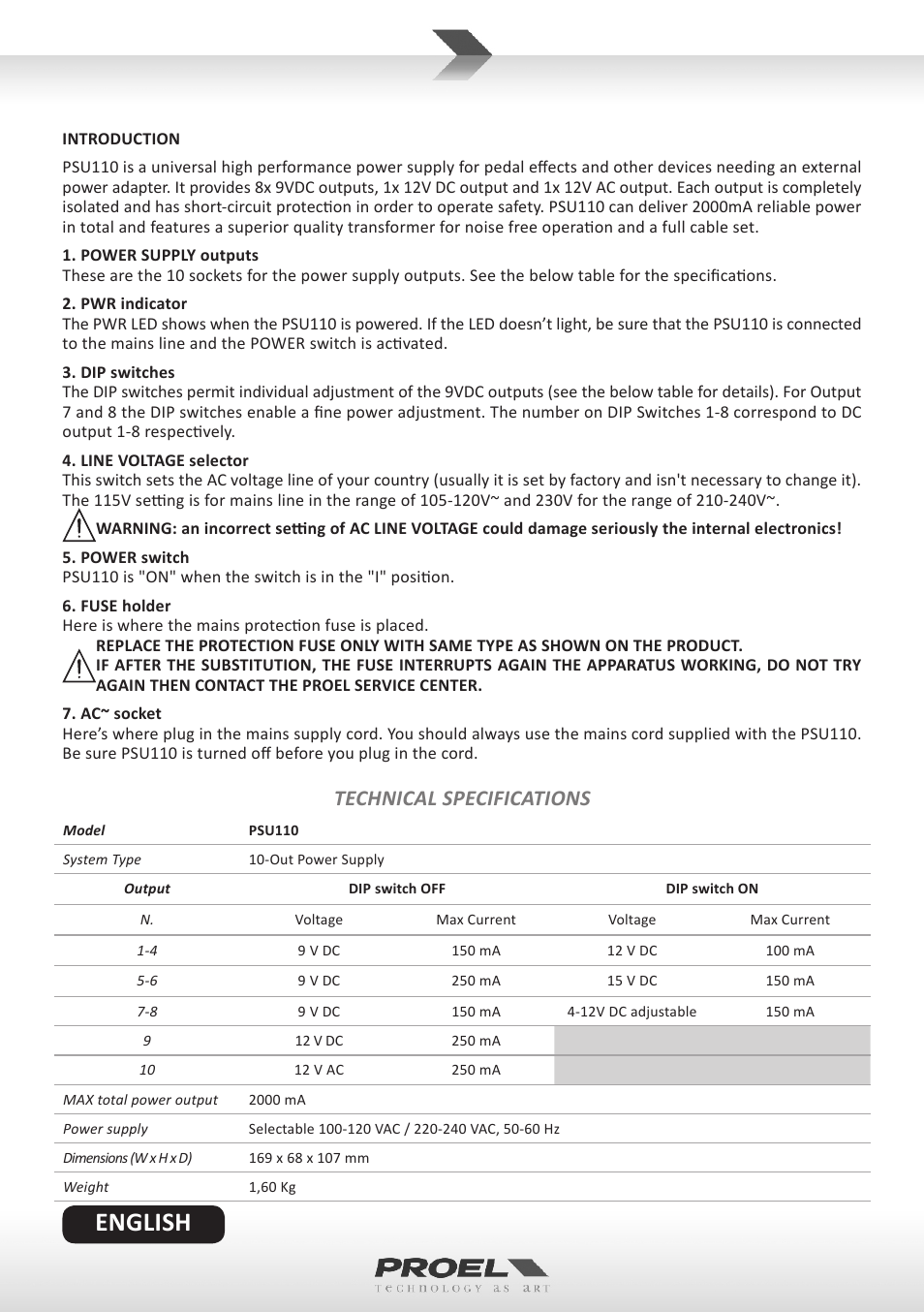 English, Technical specifications | Proel PSU110 User Manual | Page 2 / 10