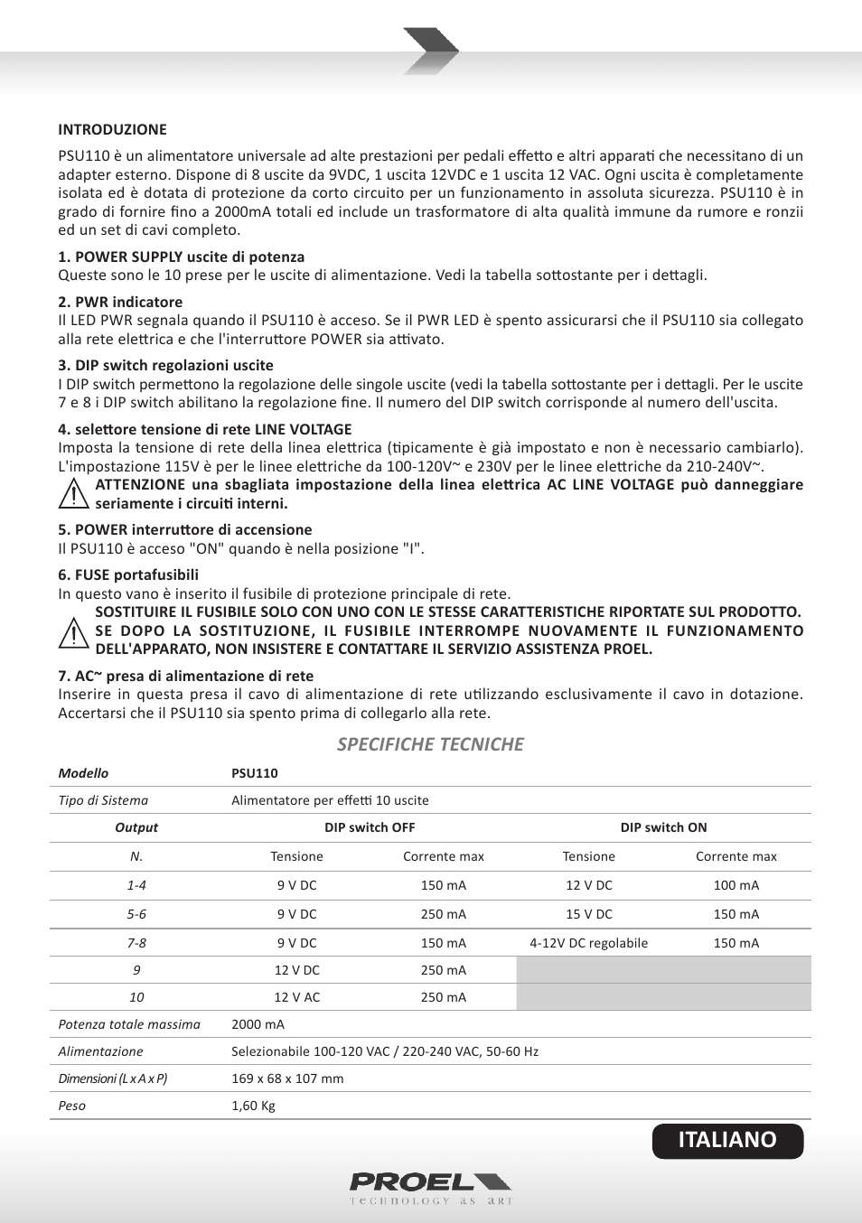 Italiano, Specifiche tecniche | Proel PSU110 User Manual | Page 3 / 10