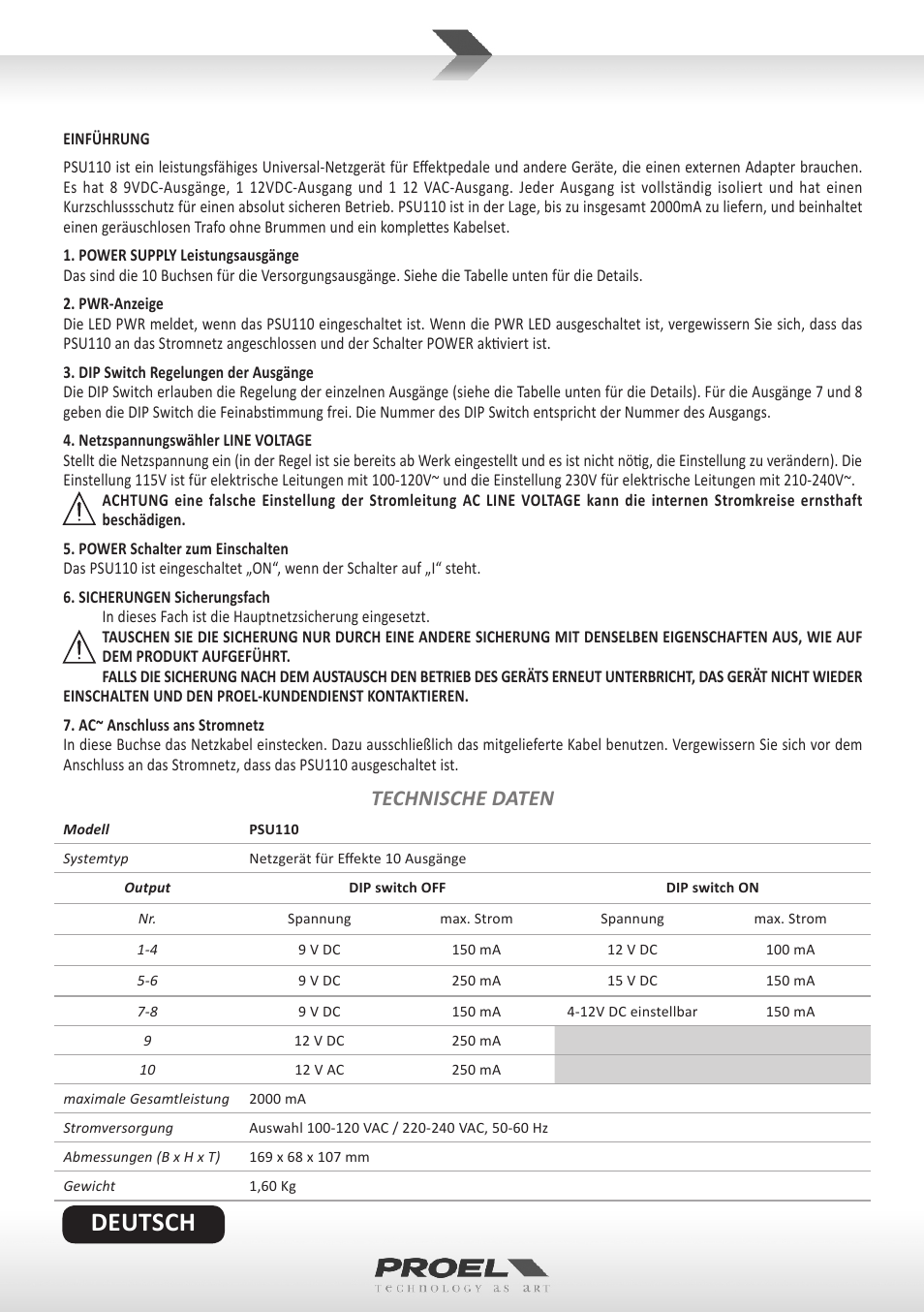 Deutsch, Technische daten | Proel PSU110 User Manual | Page 4 / 10