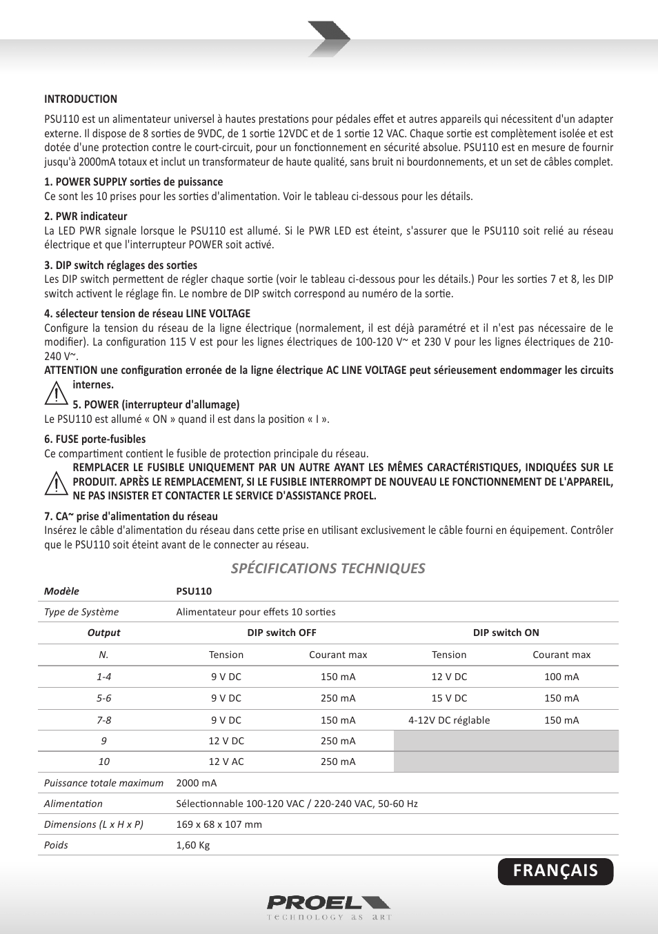 Français, Spécifications techniques | Proel PSU110 User Manual | Page 5 / 10