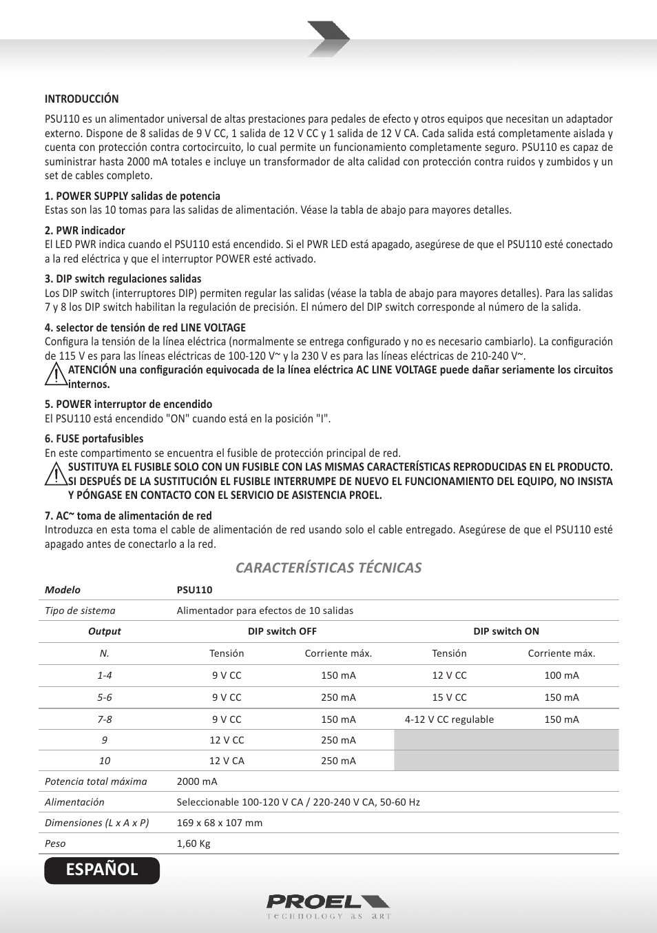 Español, Características técnicas | Proel PSU110 User Manual | Page 6 / 10