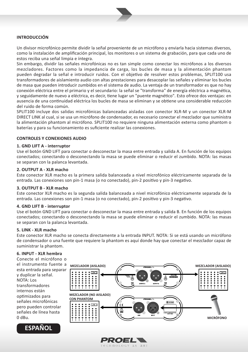 Español | Proel SPLIT100 User Manual | Page 6 / 10