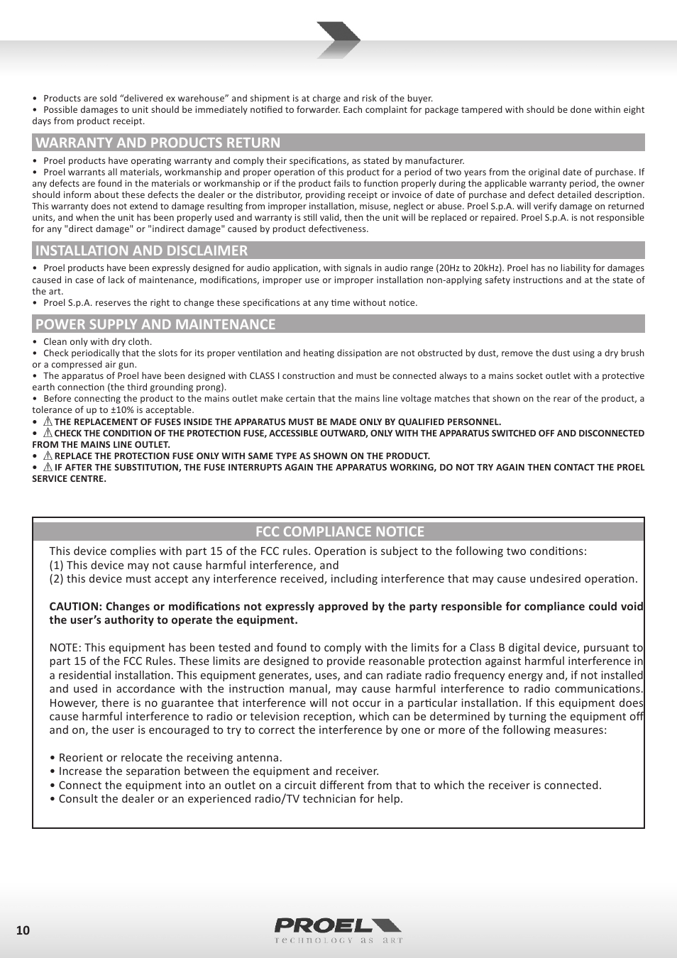 Warranty and products return, Installation and disclaimer, Power supply and maintenance | Fcc compliance notice | Proel TUBE100USB User Manual | Page 10 / 39