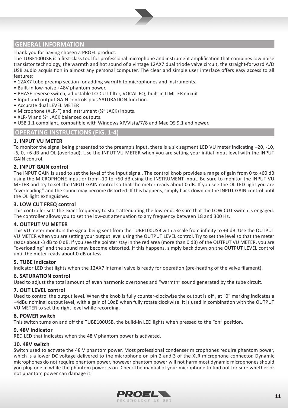 General information, Operating instructions (fig. 1-4) | Proel TUBE100USB User Manual | Page 11 / 39