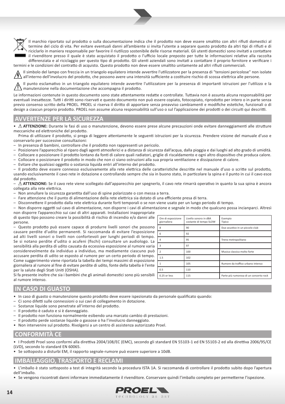 Avvertenze per la sicurezza, Conformità ce, Imballaggio, trasporto e reclami | Proel TUBE100USB User Manual | Page 14 / 39