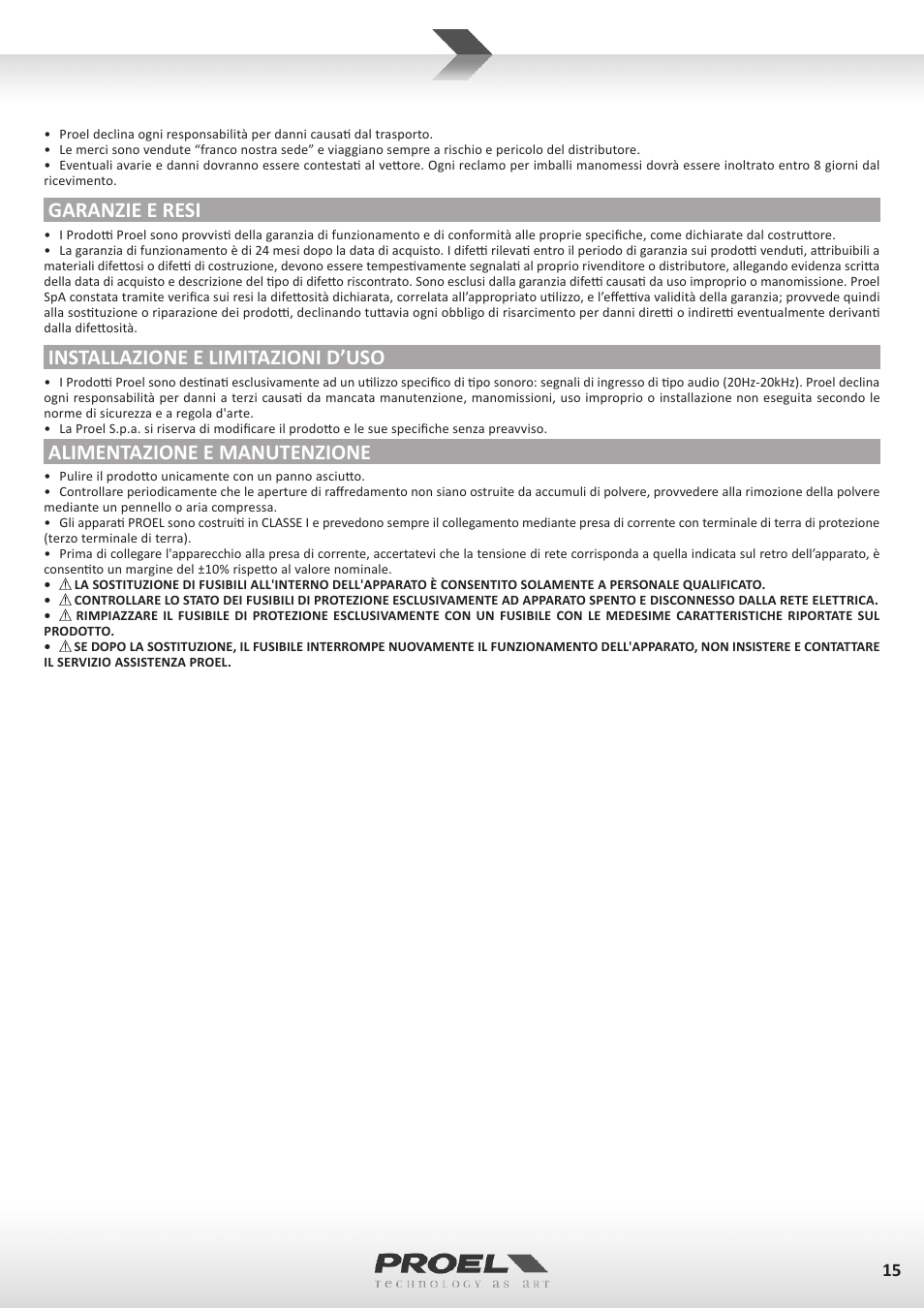 Garanzie e resi, Installazione e limitazioni d’uso, Alimentazione e manutenzione | Proel TUBE100USB User Manual | Page 15 / 39
