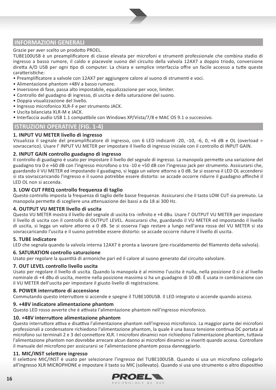 Informazioni generali, Istruzioni operative (fig. 1-4) | Proel TUBE100USB User Manual | Page 16 / 39