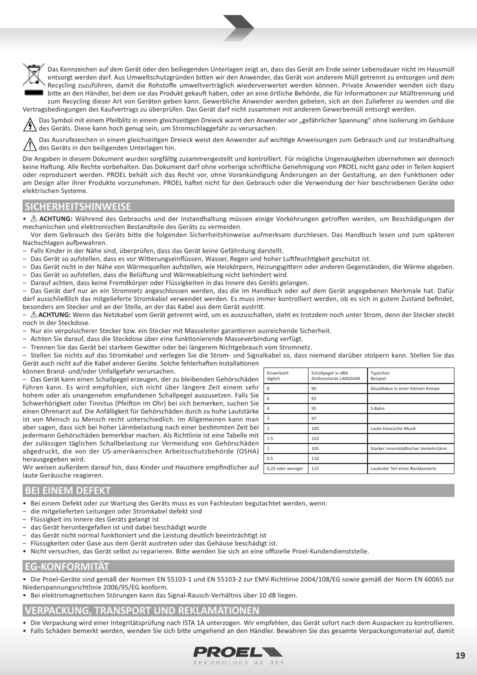 Sicherheitshinweise, Bei einem defekt, Eg-konformität | Verpackung, transport und reklamationen | Proel TUBE100USB User Manual | Page 19 / 39