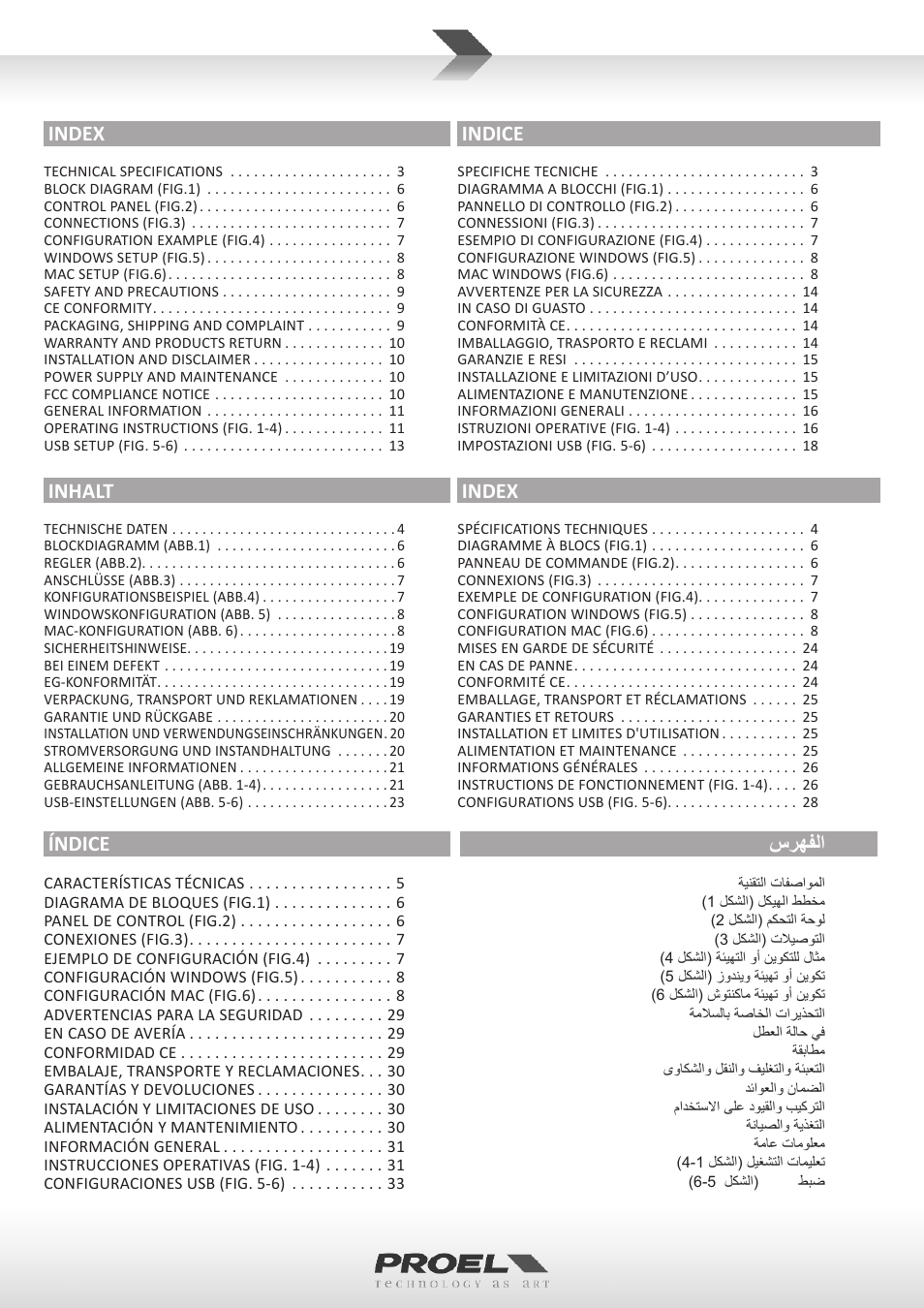 Index, Indice, سرهفلا | Índice, Inhalt | Proel TUBE100USB User Manual | Page 2 / 39