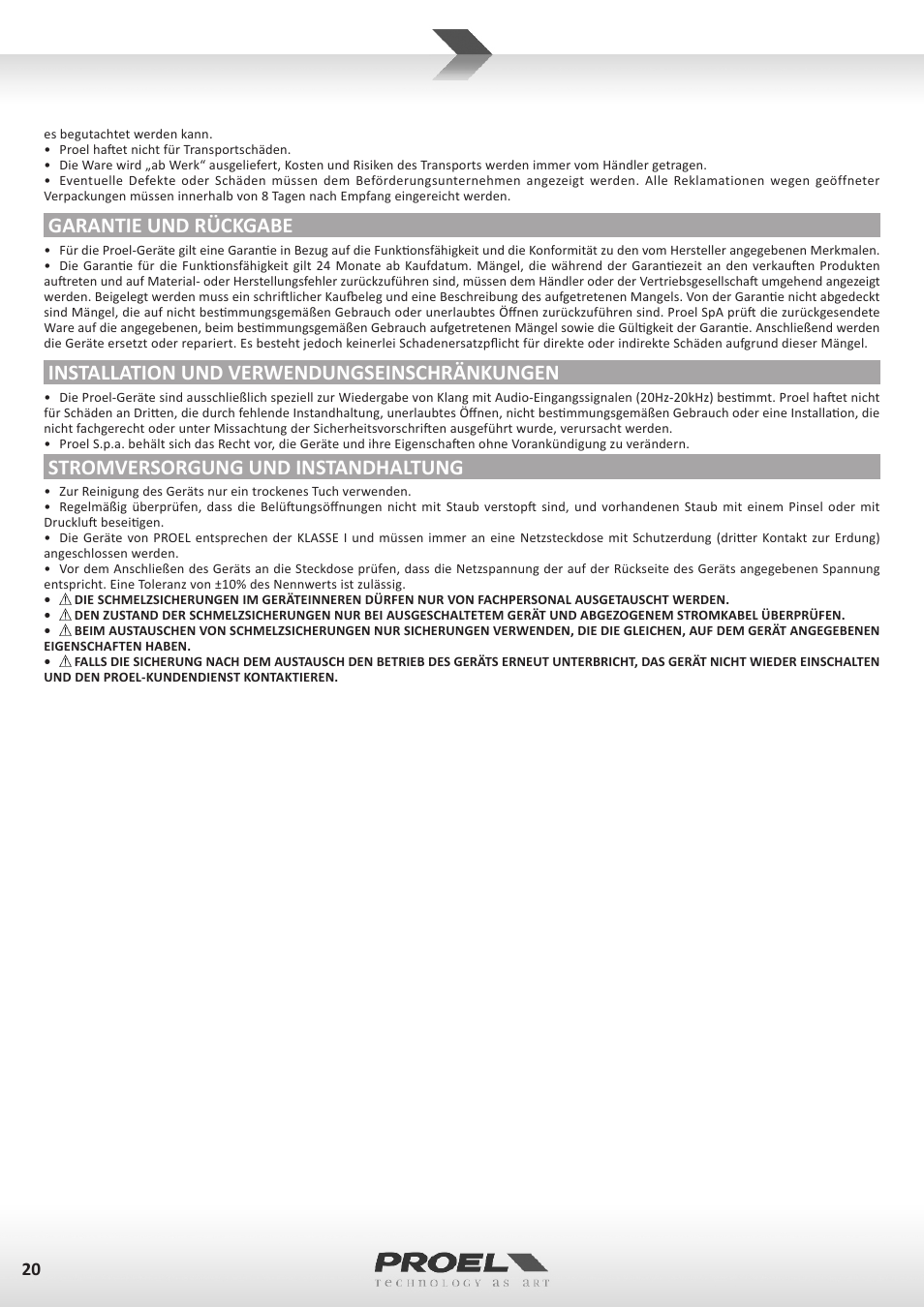 Garantie und rückgabe, Installation und verwendungseinschränkungen, Stromversorgung und instandhaltung | Proel TUBE100USB User Manual | Page 20 / 39