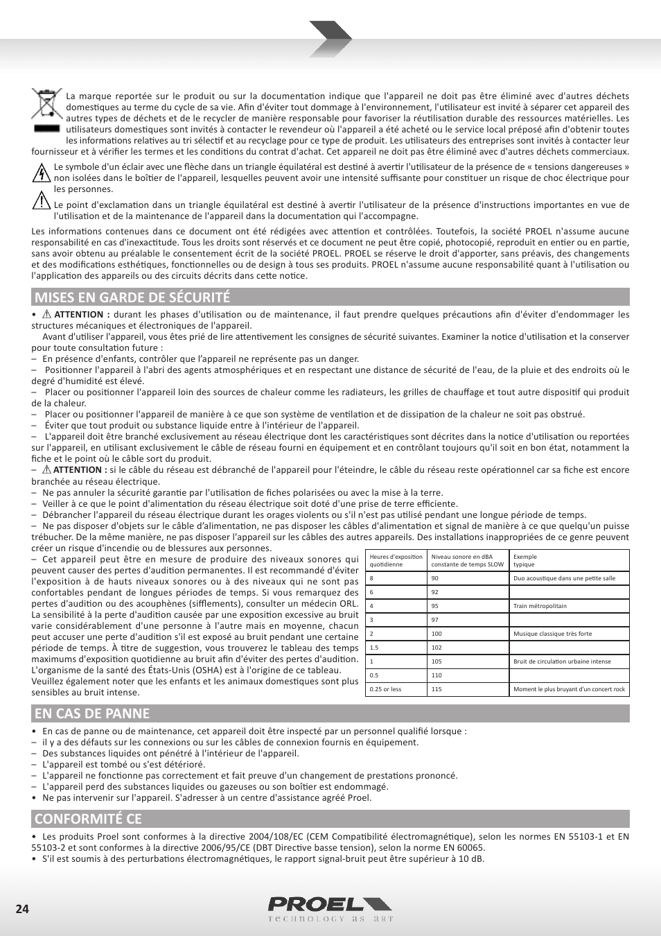 Mises en garde de sécurité, En cas de panne, Conformité ce | Proel TUBE100USB User Manual | Page 24 / 39