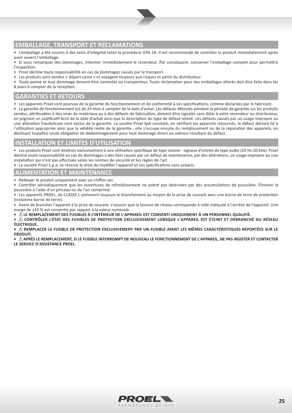 Emballage, transport et réclamations, Garanties et retours, Installation et limites d'utilisation | Alimentation et maintenance | Proel TUBE100USB User Manual | Page 25 / 39