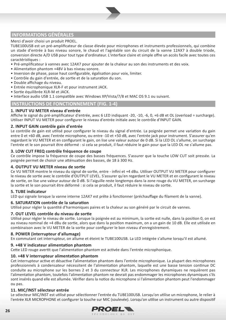 Informations générales, Instructions de fonctionnement (fig. 1-4) | Proel TUBE100USB User Manual | Page 26 / 39