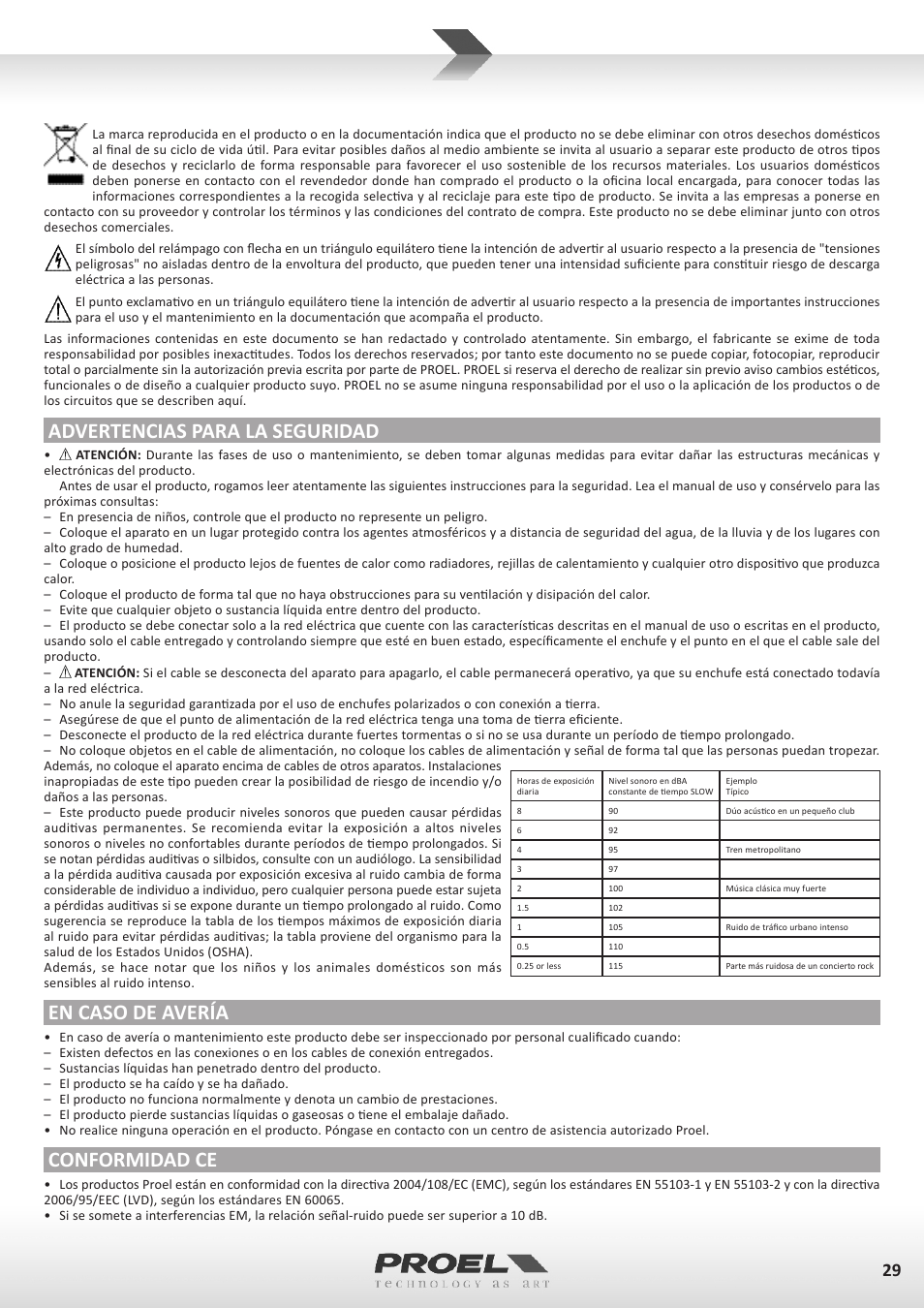 Advertencias para la seguridad, En caso de avería, Conformidad ce | Proel TUBE100USB User Manual | Page 29 / 39