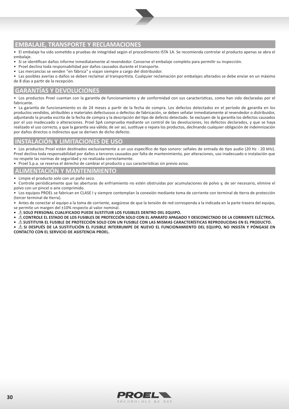 Embalaje, transporte y reclamaciones, Garantías y devoluciones, Instalación y limitaciones de uso | Alimentación y mantenimiento | Proel TUBE100USB User Manual | Page 30 / 39