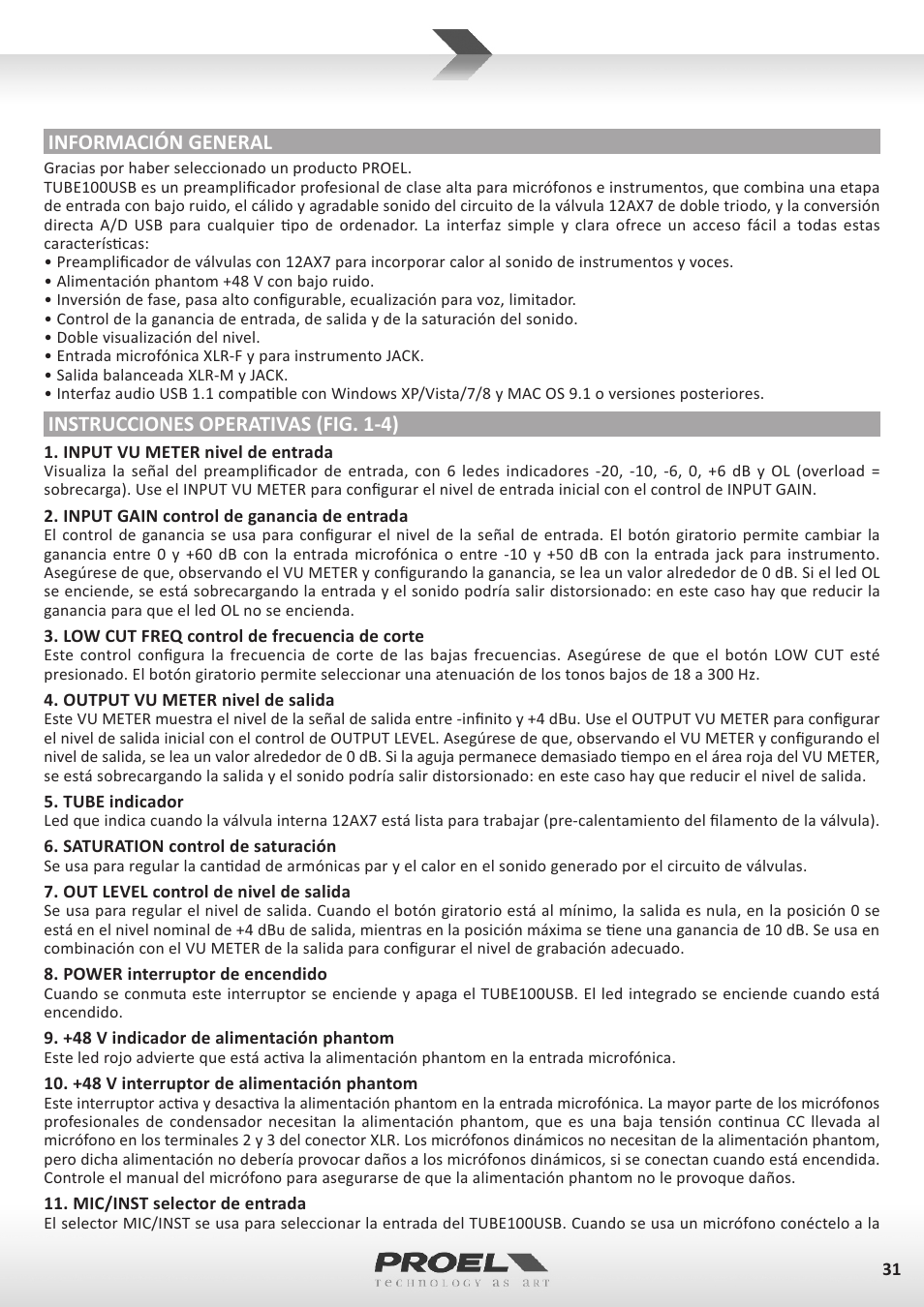 Información general, Instrucciones operativas (fig. 1-4) | Proel TUBE100USB User Manual | Page 31 / 39