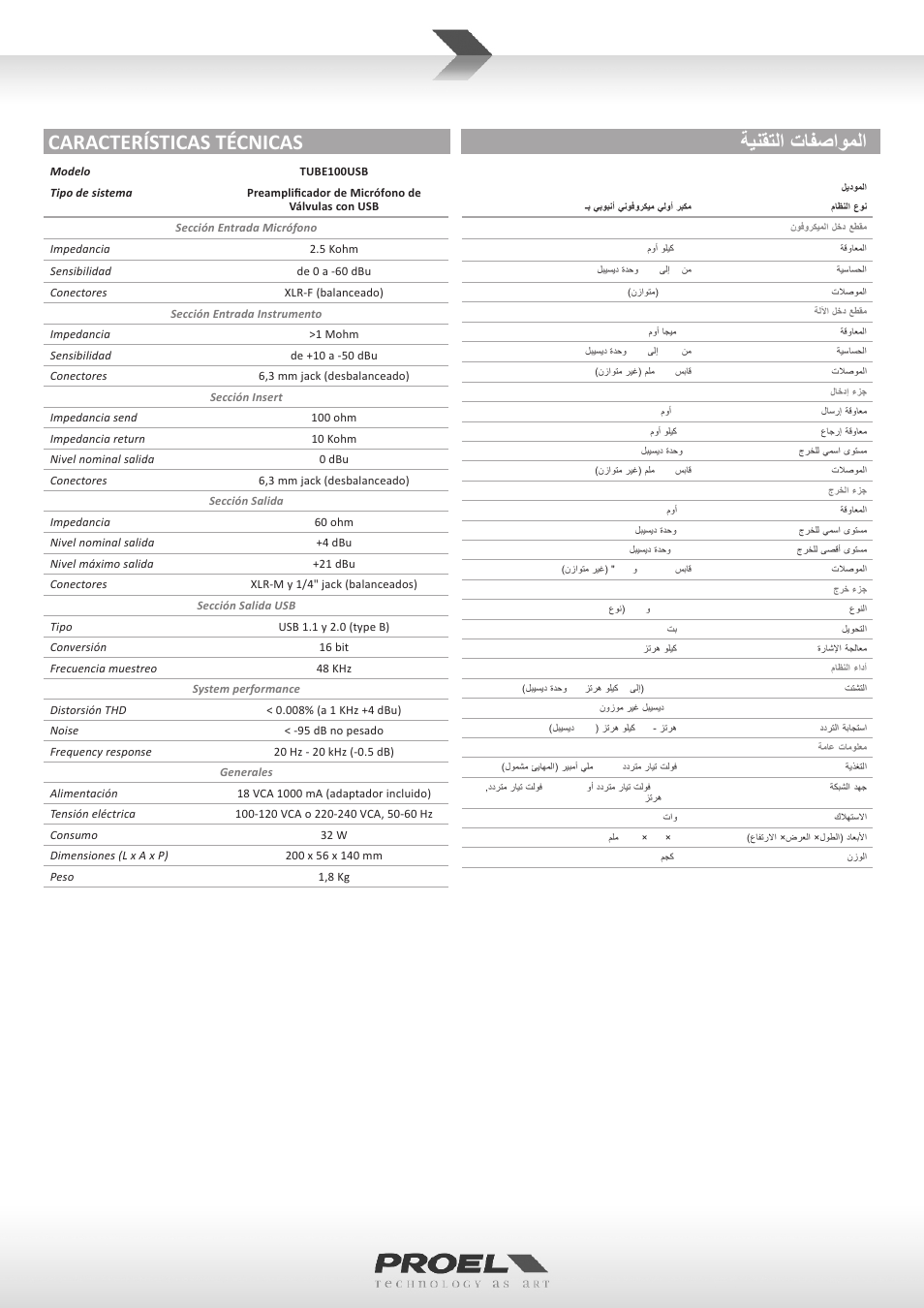 ةينقتلا تافصاوملا características técnicas | Proel TUBE100USB User Manual | Page 5 / 39