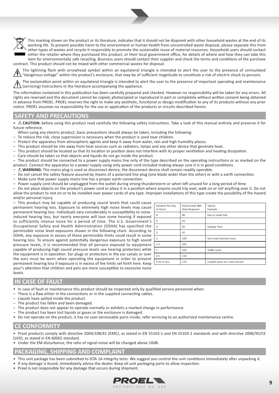 Safety and precautions, Ce conformity, Packaging, shipping and complaint | Proel TUBE100USB User Manual | Page 9 / 39