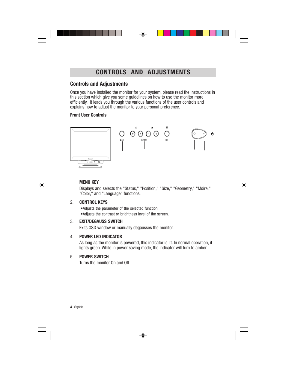 English, Controls and adjustments | Compaq S900 User Manual | Page 10 / 19