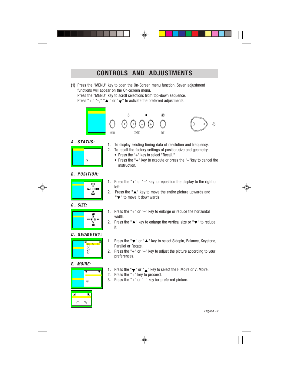 English, Controls and adjustments | Compaq S900 User Manual | Page 11 / 19